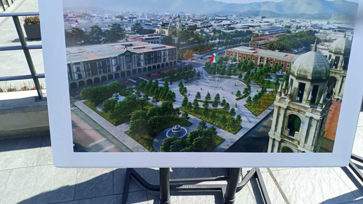 Vista aérea del proyecto de remodelación de la Plaza de los Mártires de Toluca